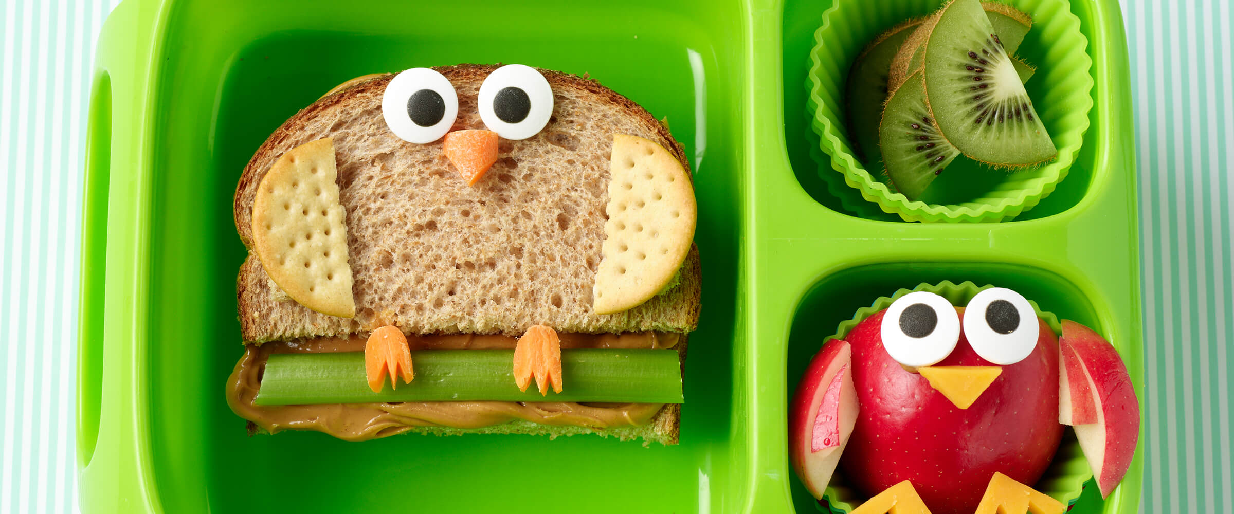 An owl friends sandwich in a lime green bento box with sliced kiwi.