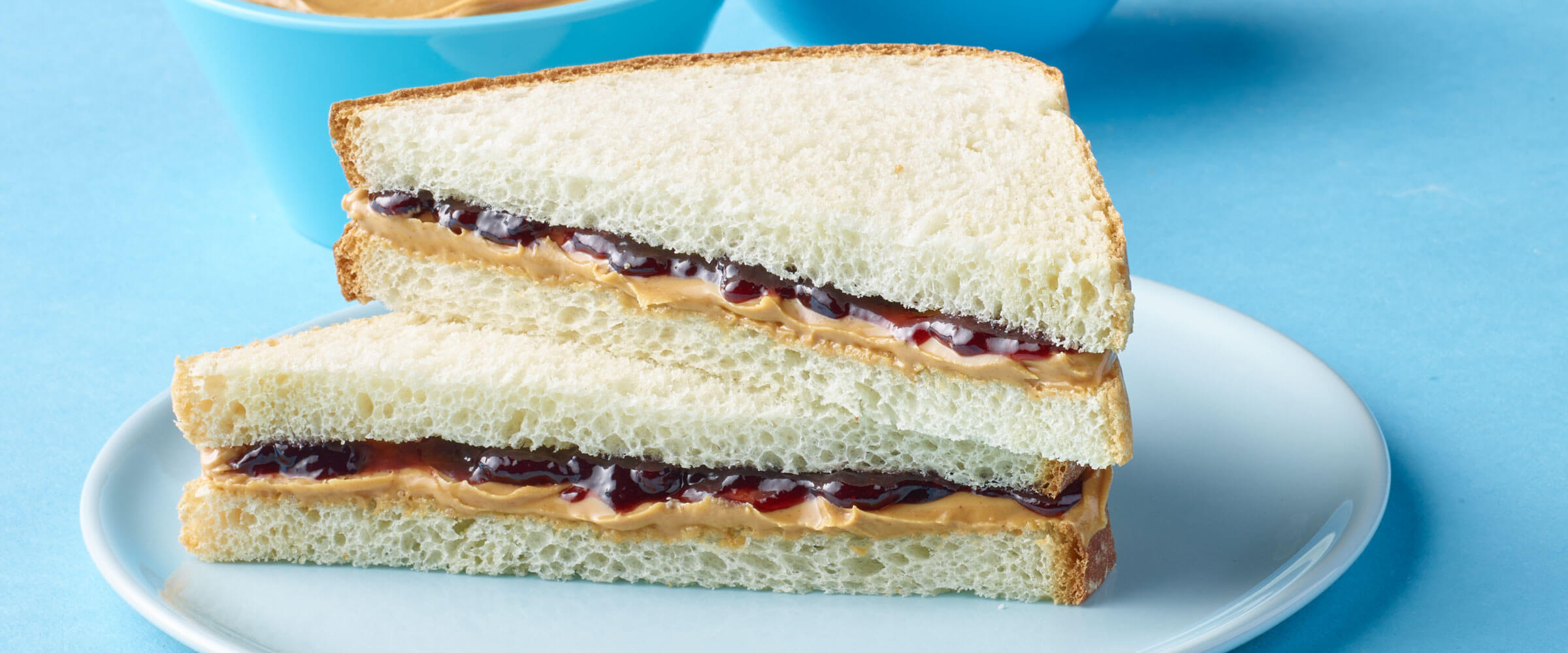 A peanut butter and jelly sandwich sitting on a light blue plate