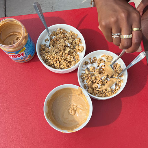 Overhead of peanut butter drizzle on oatmeal